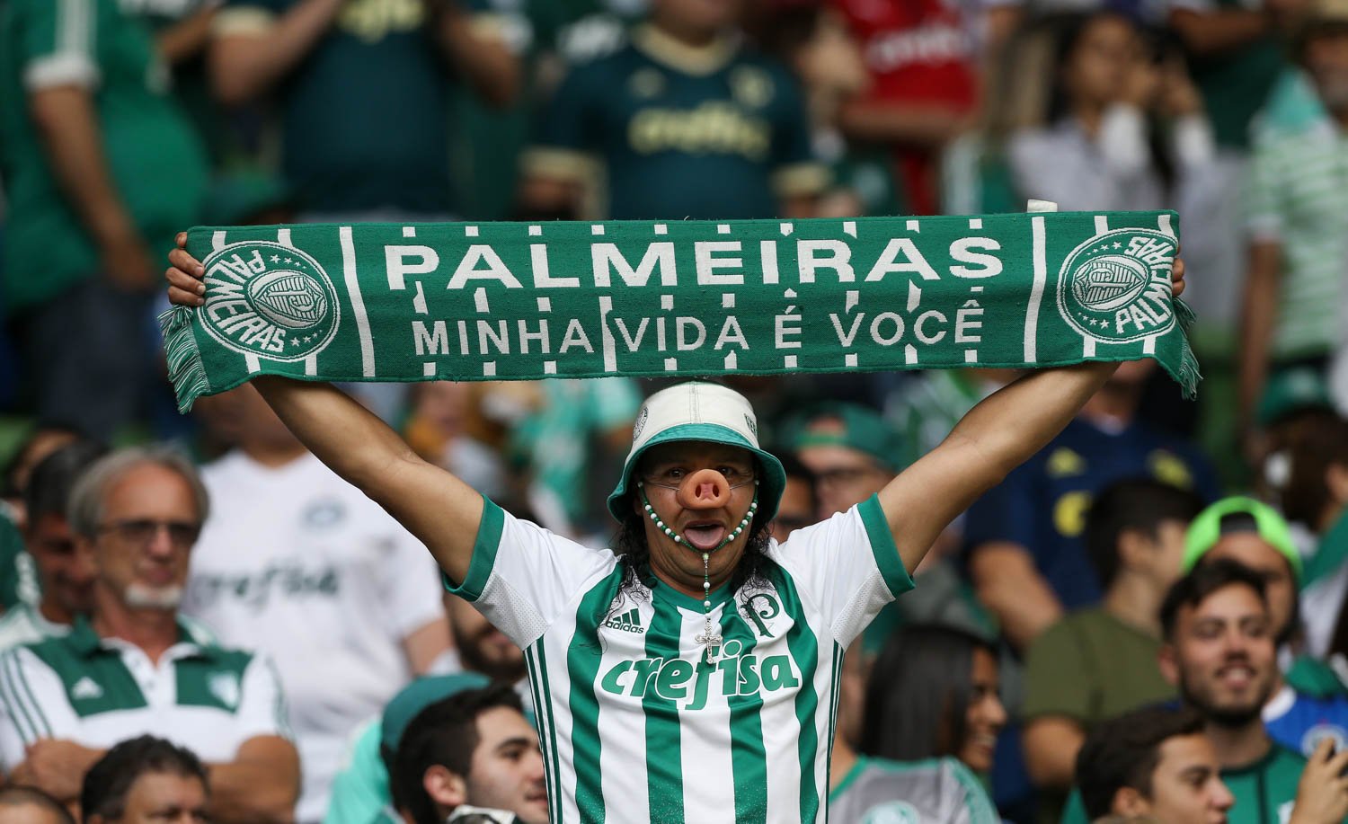 Imagem da torcida do Palmeiras vibrando intensamente no estádio